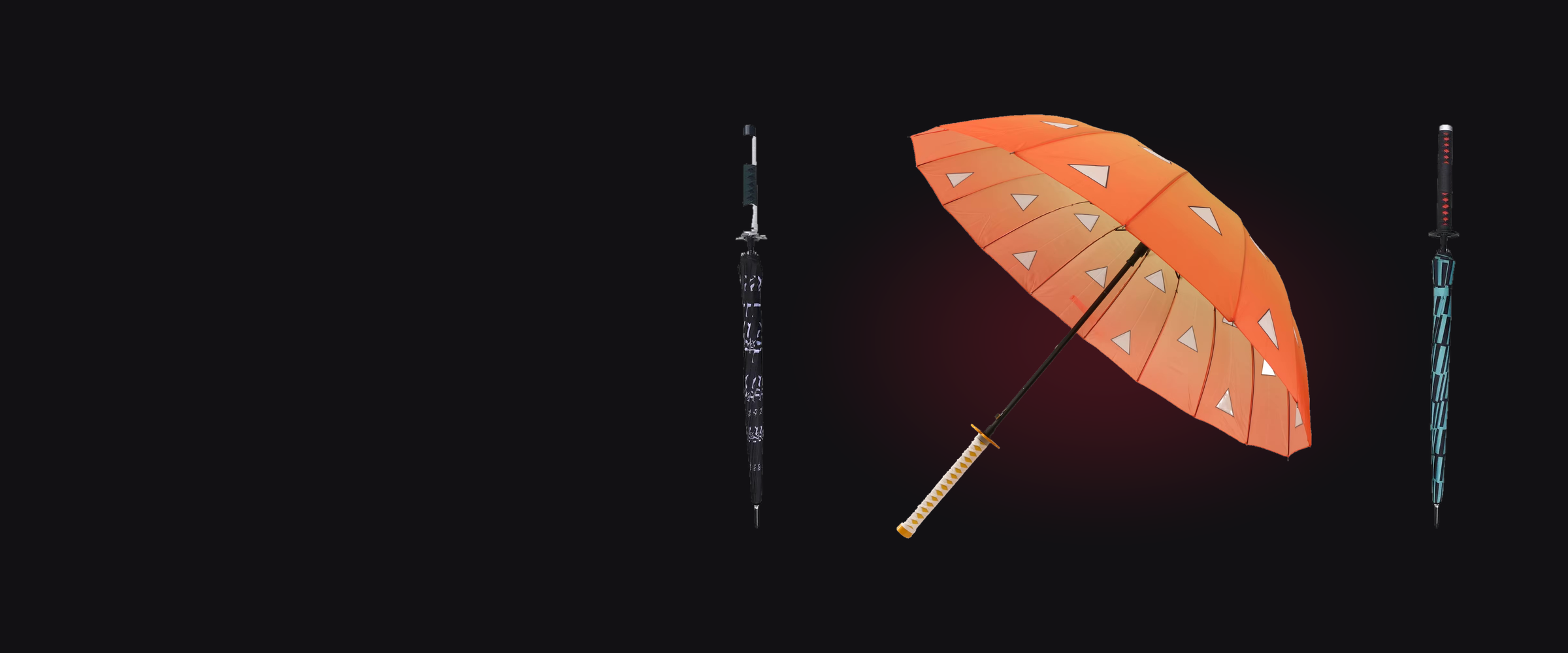 Zenitsu open katana umbrella flanked by closed nichirin blades on dark crimson-lit backdrop