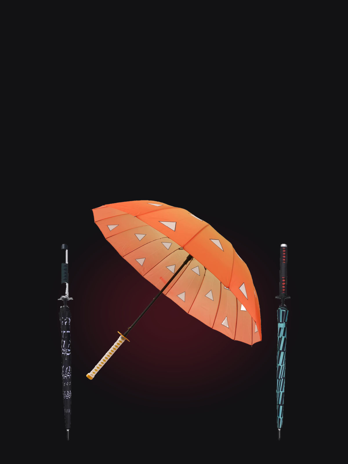Mobile hero — Zenitsu katana umbrella with closed blades on dark crimson-lit backdrop