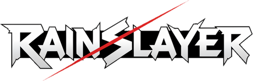 RainSlayer — jagged metal wordmark with blood-red slash