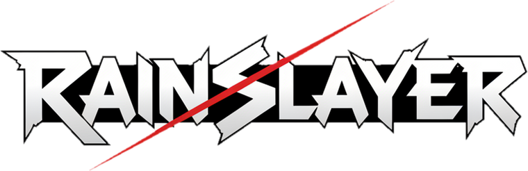 RainSlayer — jagged metal wordmark with blood-red slash