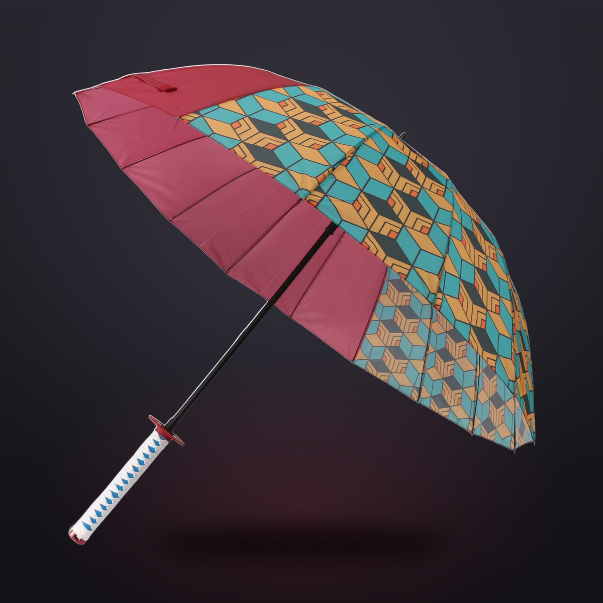 RainSlayer Katana Umbrella — Giyu, crimson and geometric canopy