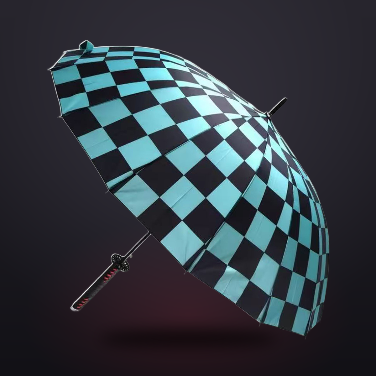RainSlayer Katana Umbrella — Tanjiro, teal-black checkerboard canopy